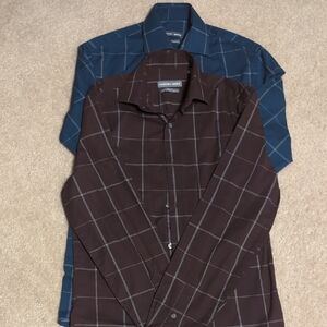 Geoffrey Beene Brown/Burgundy and Blue Checkered Slim Fit Shirts